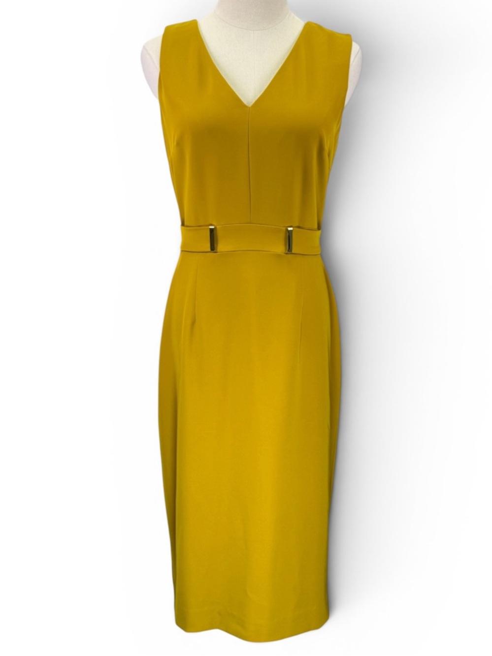 Antonio Melani Yellow Belted V Neck Open Back Sheath Midi Dress Size 6